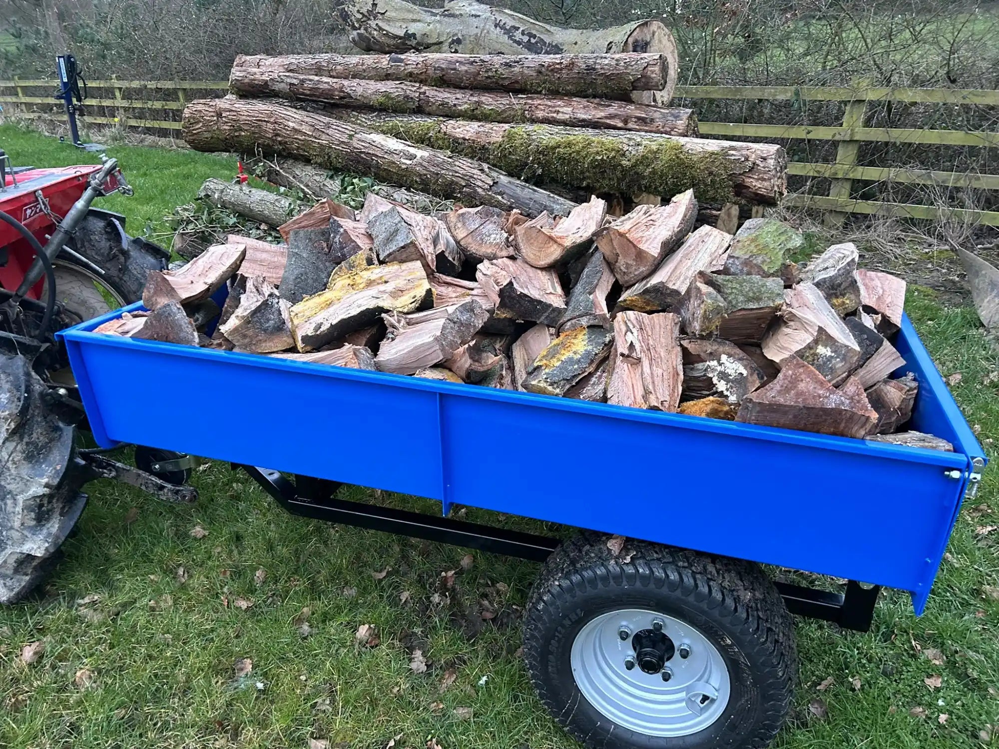 Blue trailer filled with firewood.